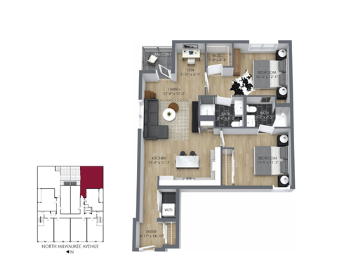 Floor plan for 2 beds, 2 baths, 980 sqft